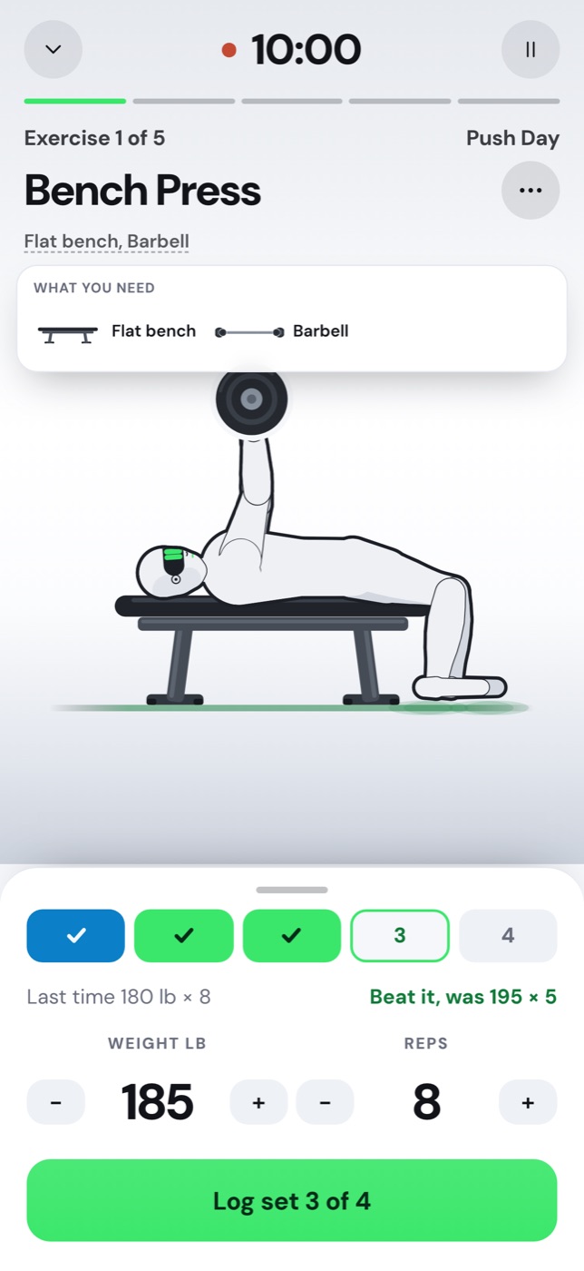 Logging a set of bench press, with the move shown moving.